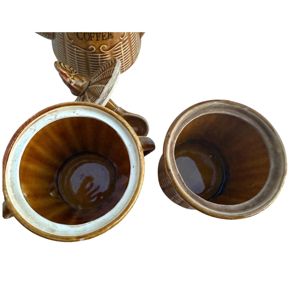 Vintage Rooster Basketweave Ceramic Coffee Pot Sugar Bowl & Jam Jar Set Brown - Picture 11 of 14